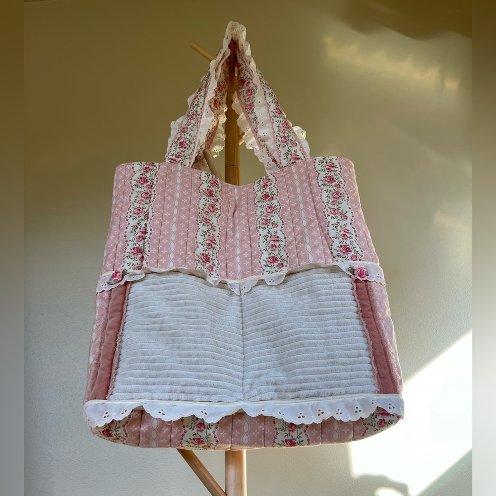 Handmade quilted coquette rose tote bag